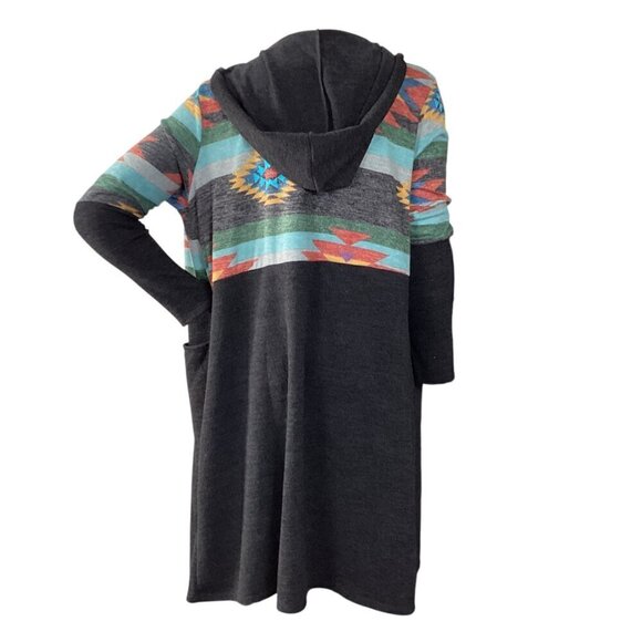 7th Ray Southwestern Aztec Tribal Longline Hooded Duster/Cardigan Pockets L 317A - Picture 5 of 7